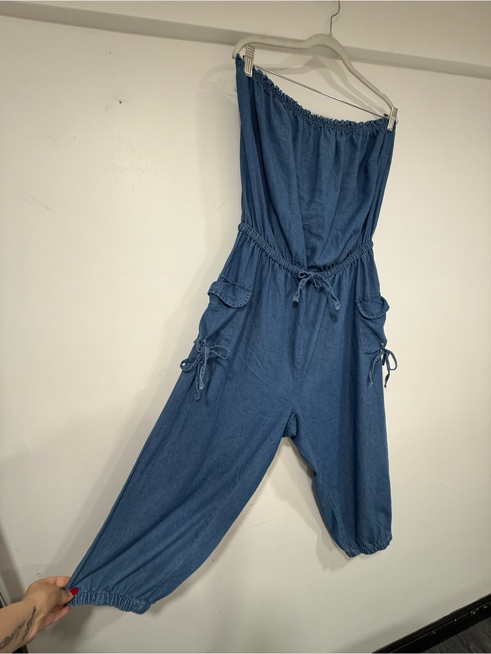 Strapless Chambray Utility Jumpsuit in Denim Blue